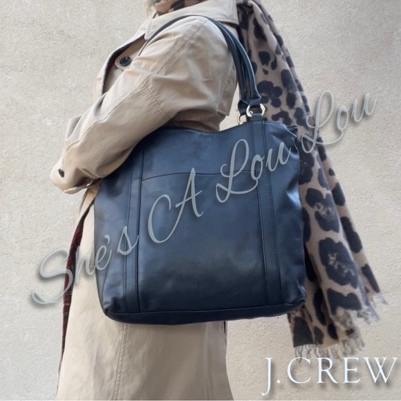 J.Crew • Leather 2-Compartment Shoulder Tote Bag in Blk & Animal Print Scarf - Picture 1 of 16